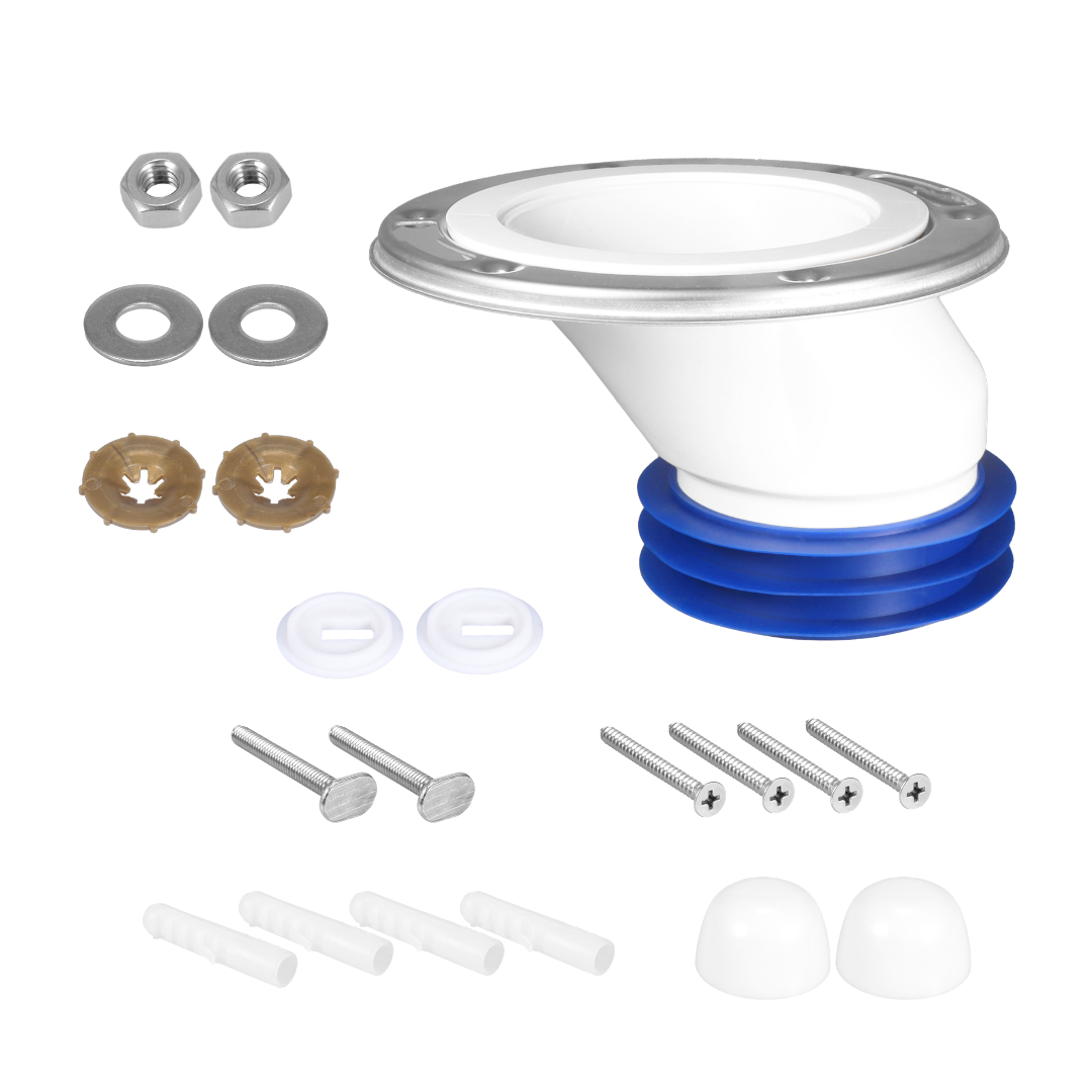 4 inch offset toilet flange adapter kit with floor screws, T-bolts, washers, nuts and screw covers