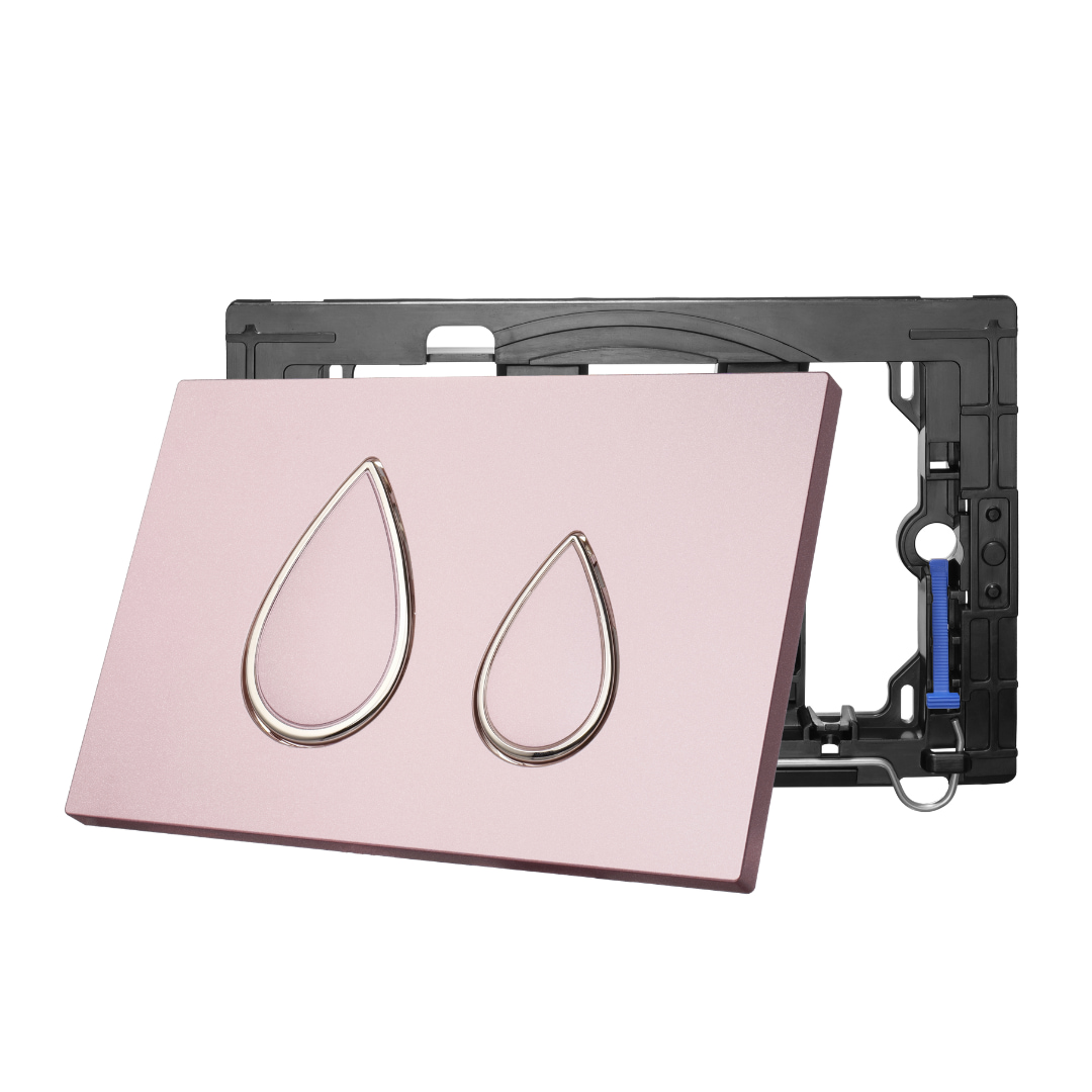 Pink T2813 dual-flush plate with electroplated teardrop button rings shown in front of its support frame